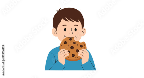 Young boy in a blue sweater enjoys eating a large chocolate chip cookie with a look of pure satisfaction and joy on his face.