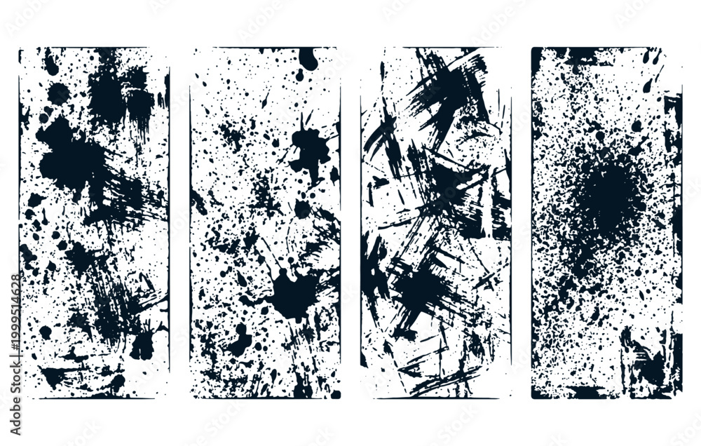 Fototapeta premium Set of four black ink splatters and grunge textures on transparent layer