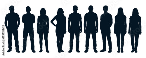 Row of young adult silhouettes standing in diverse casual poses set