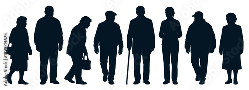 Senior people silhouettes standing and walking in various daily poses