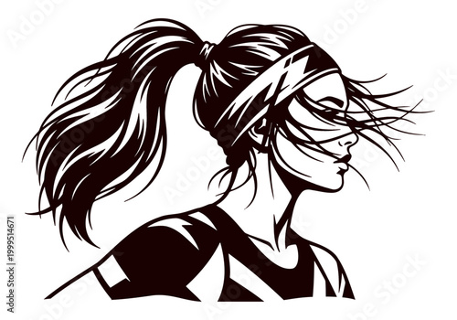 Sporty female athlete with ponytail and headband side profile view