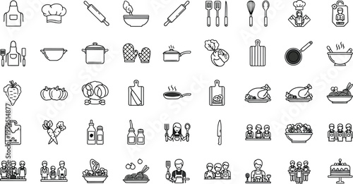 Chef tools and food ingredients are displayed as a set of linear icons for professional kitchen use.