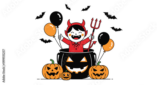 Happy child in a devil costume popping out of a large jack-o-lantern cauldron surrounded by bats and balloons.