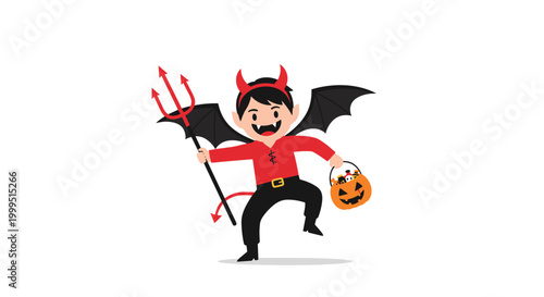 Cute little boy wearing a red devil costume with horns and wings jumps with joy while trick or treating during Halloween.