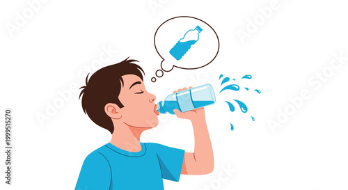 Thirsty boy drinks fresh water from a transparent bottle while thinking about its refreshing taste and health benefits.