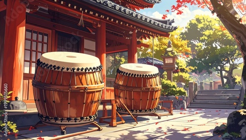 Traditional Japanese Drums Outside Temple Building.