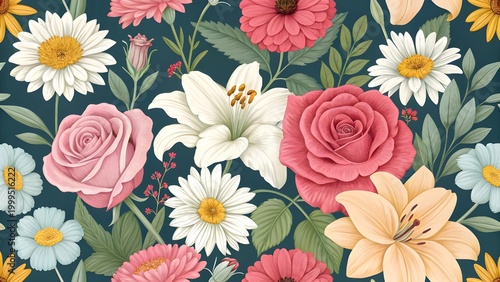 Seamless vintage floral pattern with roses, lilies, and daisies on dark navy background, elegant botanical illustration.