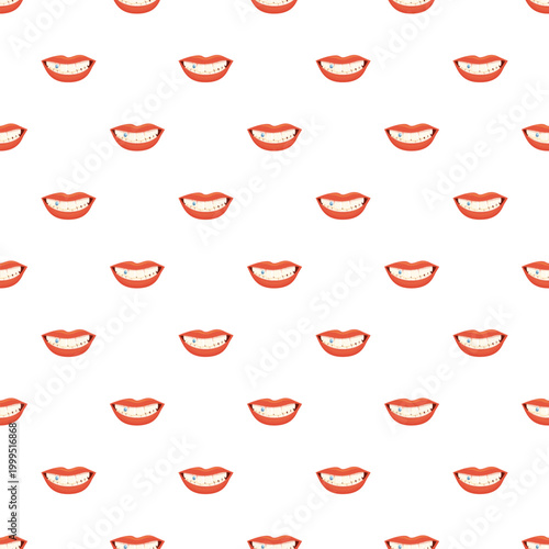 Repeating red lips smiling with a dental jewel on tooth creating a seamless background pattern