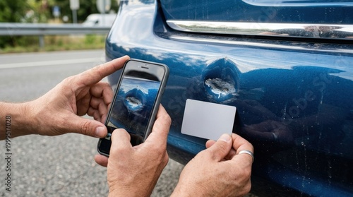 Person photographing car bumper dent for insurance documentation