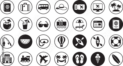 Travel and Summer Round Icon Set – Tourism, Beach and Vacation Symbols