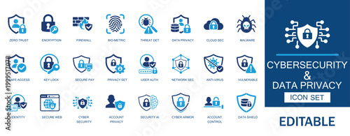 Cybersecurity and data privacy solid icon set. Includes network encryption, biometric security, AI Security and cloud protection. Vector assets for network security and identity protection.
