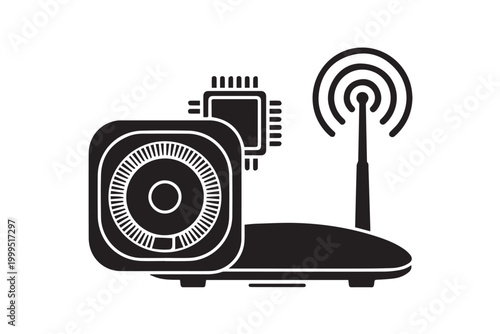 Network router device with connected microprocessor chip and signal wave icon representing wireless internet connectivity technology.