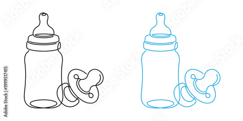 Line drawing of baby bottles and pacifiers in black and blue on white background