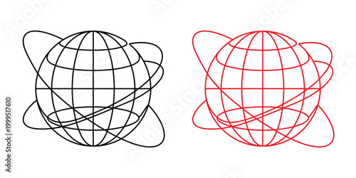 Wireframe globe with orbiting lines in black and red colors  3D illustration