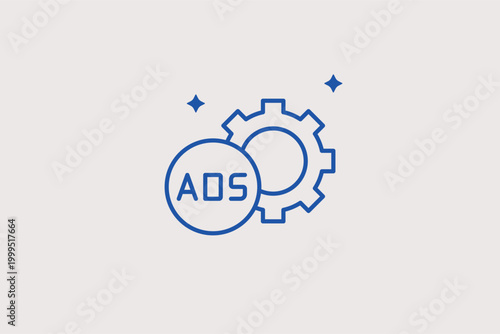 Gears with ads line icon for marketing automation processes and ad campaign optimization. Operational vector illustration for technical marketing software and performance tuning dashboard designs.