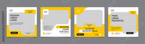 Modern Real Estate Social Media Carousel Template with Yellow Geometric Accents for Property Listings, Editable AI file