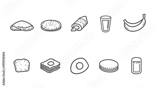 Breakfast Essentials: A collection of simple line art illustrations showcases a variety of breakfast foods and beverages, perfectly capturing the essence of a nutritious and delightful morning meal.