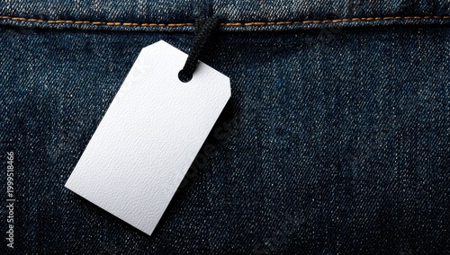 Denim Label: A close-up shot of a blank label tag hanging from a pair of denim jeans. Focus on retail fashion, showcasing texture and detail