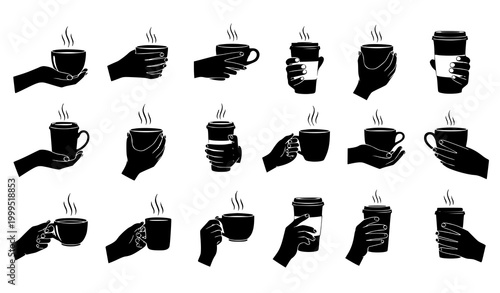 Hand Holding Coffee Cup Icon Set with Hot Beverage Mug Gestures for Cafe Lifestyle, Takeaway Drinks, Barista Service, and Morning Routine Concepts