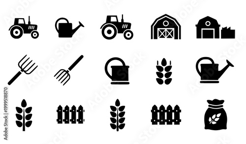 Agriculture and Farming Icon Set Featuring Tractor, Barn, Watering Can, Pitchfork, Wheat, Fence, and Crop Symbols for Rural, Harvest, and Farm Design Projects