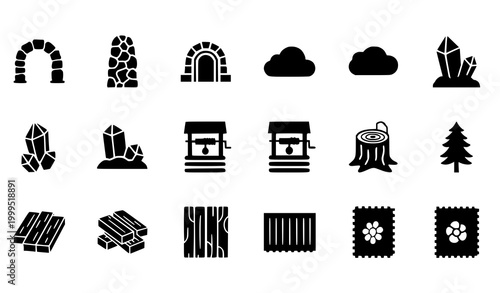 Mining and Resource Icon Set Featuring Cave Entrances, Crystals, Wooden Logs, Wells, Trees, and Materials for Industry, Game Assets, and Natural Resource Design Projects