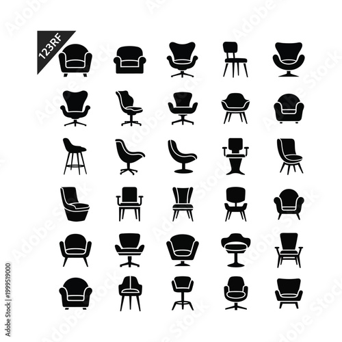Modern furniture icons set, 25 black chair silhouettes vector, minimalist armchair and office seating collection for interior design