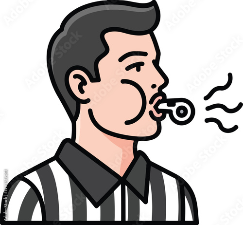Referee blowing whistle illustration, close-up of soccer referee making a call during game.