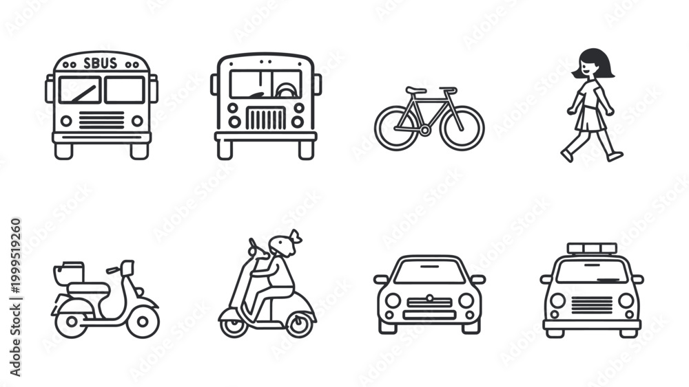 Fototapeta premium Urban Transportation Icon Set: A comprehensive collection of iconic representations of various modes of transportation in a city environment, ideal for depicting urban movement and mobility.