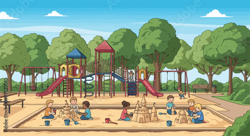 Children Playing in Sandbox at Outdoor Playground Vector Illustration
