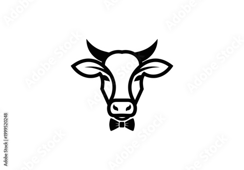 Minimalist cow head logo with bow tie on white background