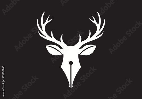 Minimalist deer head and fountain pen nib silhouette logo