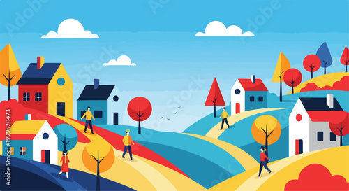 Colorful Flat Design Village Landscape Vector Illustration