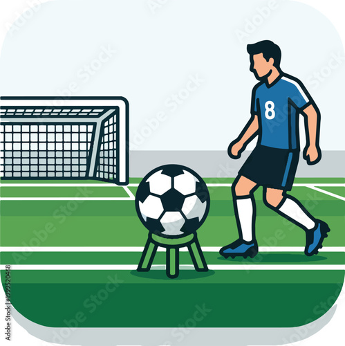 Soccer player in blue jersey number eight taking penalty kick on green field with ball on tee stand.