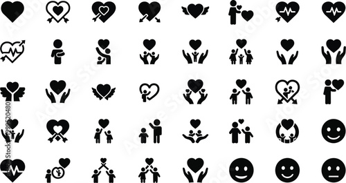 Hearts and emotional symbols representing love and care are organized in a clean monochromatic grid.