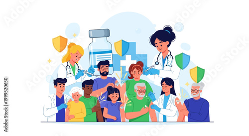 Medical staff vaccinating diverse people in clinic with shields and bottle.