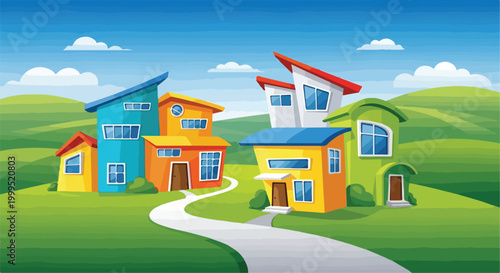 Colorful Modern Houses on Green Hills Vector Illustration