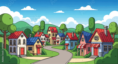 Cartoon Neighborhood Street with Colorful Houses and Green Hills Vector