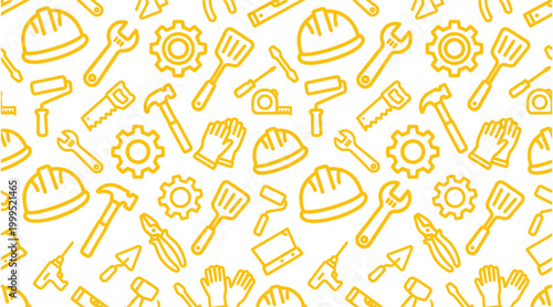 Konstfotografi Seamless Construction Tools Pattern with Yellow Line Icons on White Background