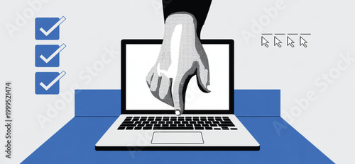Hand emerging from laptop screen selecting checkbox with cursor icons representing online survey voting feedback digital interaction concept vector illustration