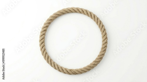A thick, natural rope forms a perfect circle against a white and black background. The rope has a textured appearance, showcasing its woven construction.