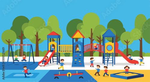 Colorful Outdoor Kids Playground with Slides, Swings, and Children Playing Vector Illustration