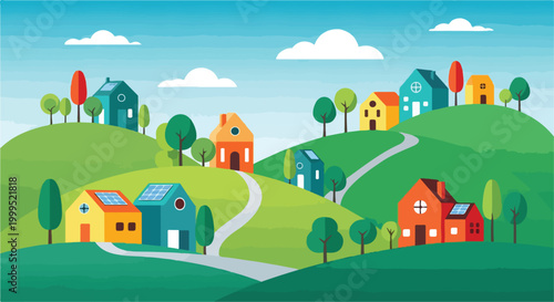 Colorful Suburban Neighborhood Houses on Green Hills Vector Illustration