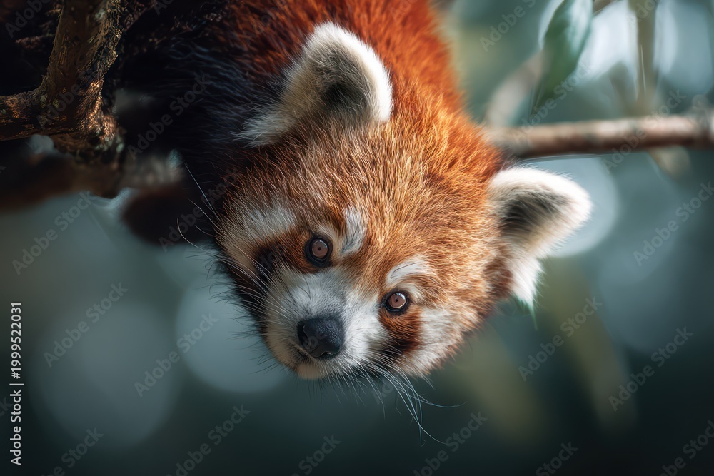 Naklejka premium Red panda hanging playful on branch