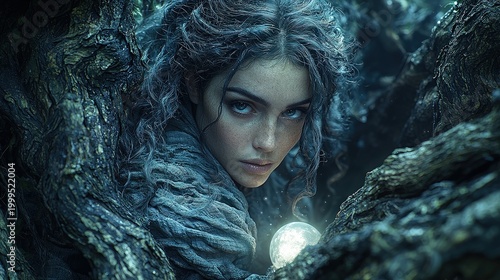 Mystical woman hidden in enchanted forest holding glowing orb, fantasy magic atmosphere, mysterious nature scene