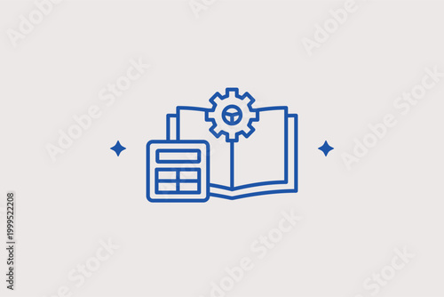Calculator and book with gear line icon for automated accounting and technical financial auditing. Educational vector illustration for bookkeeping courses and corporate tax calculation tools.