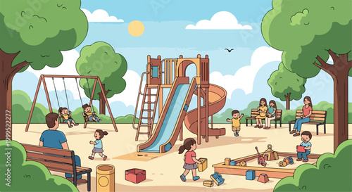 Children Playing in Sunny Public Park Playground Vector Illustration