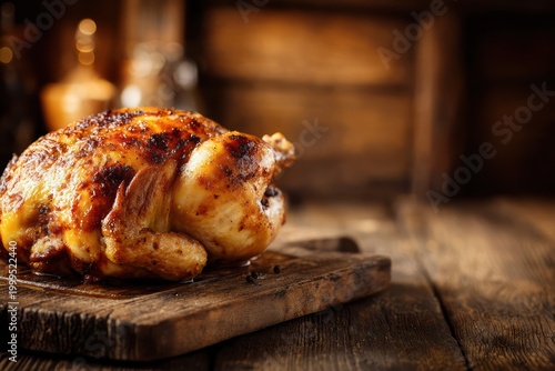 Roast chicken on rustic wooden board