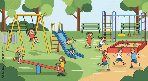 Children Playing on Playground Equipment Vector Illustration