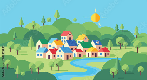 Colorful Flat Design Village Landscape with Houses and River Vector