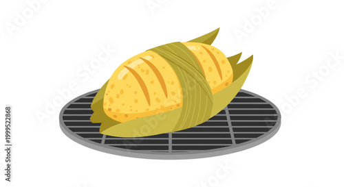 A vector graphic illustration of a tamale on a metal steamer basket
